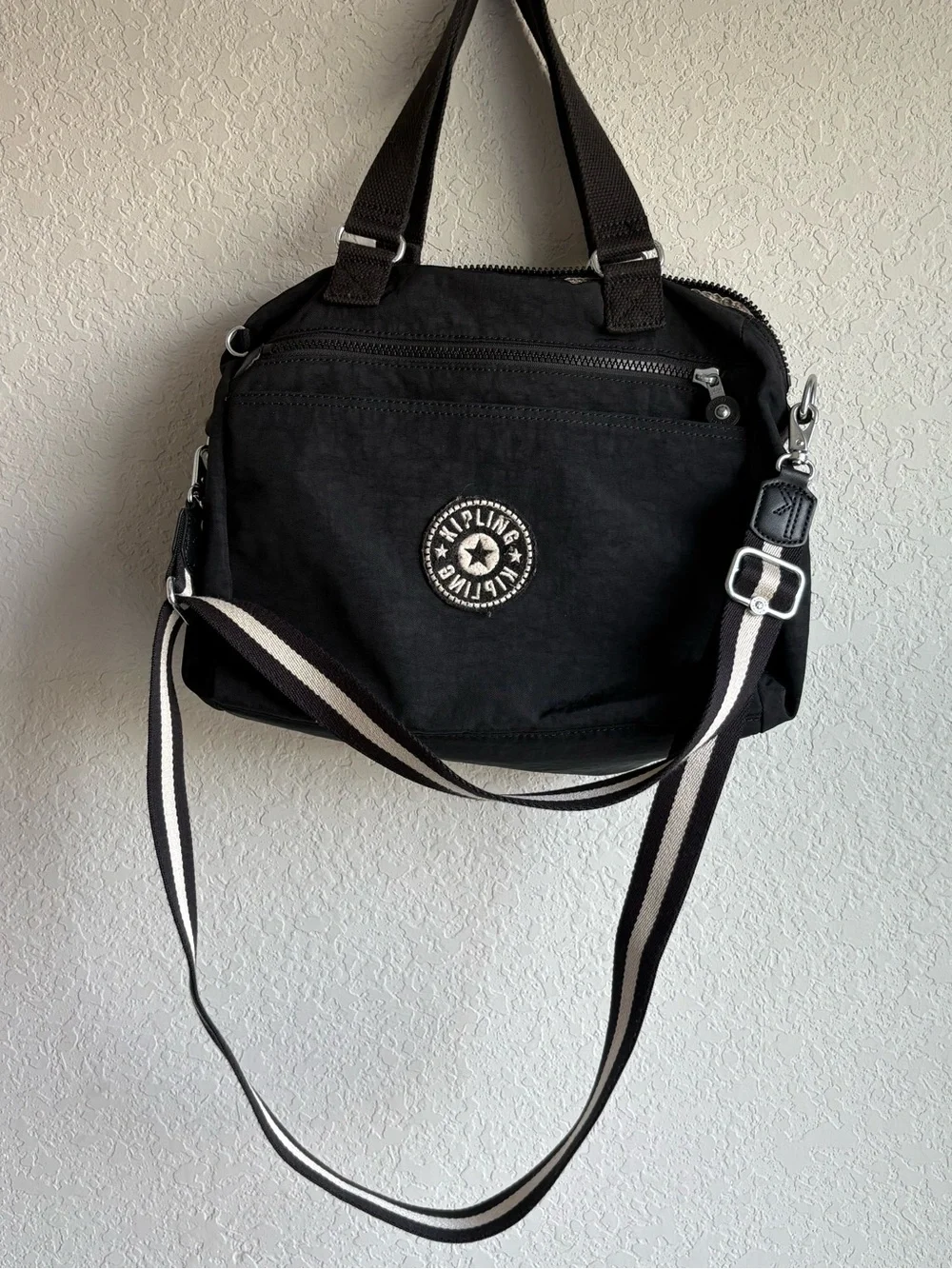 Kipling Black Nylon Satchel Crossbody Bag Adjustable Stripe Strap